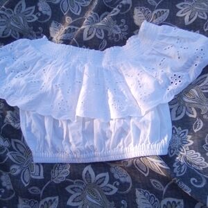 Express White Eyelet Off-Shoulder Crop Top